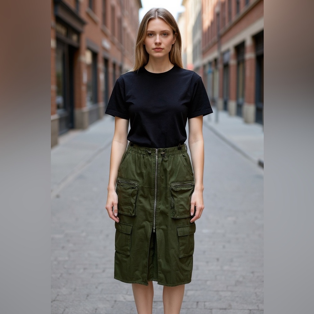 Angel Kiss Cargo Pocket Strappy Utility Midi Skirt L Green Gorpcore Grunge Zip
